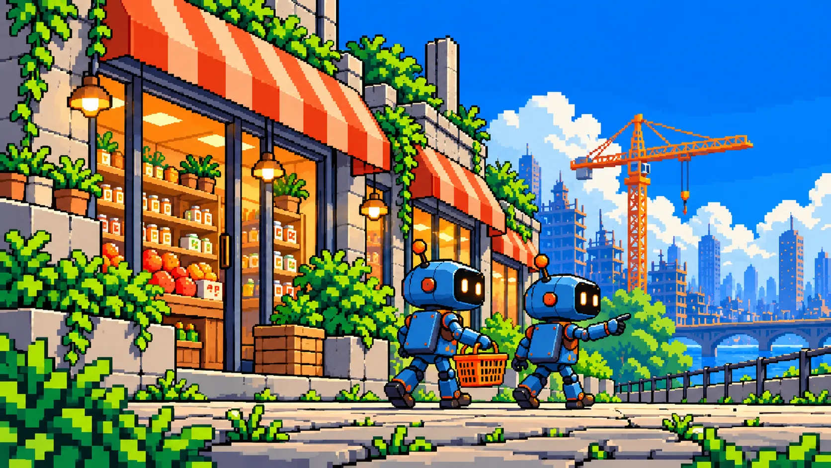 Two small pixel-art robots walk side by side past shop fronts with orange awnings, one carrying an orange bag, the other pointing ahead.