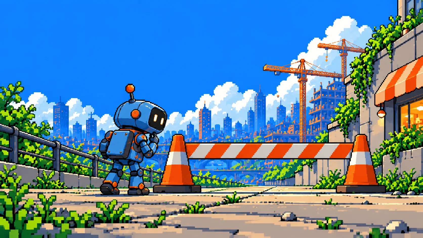A pixel-art pavement blocked by two traffic cones and a striped barrier; a small robot stands in front of it, unsure where to go.