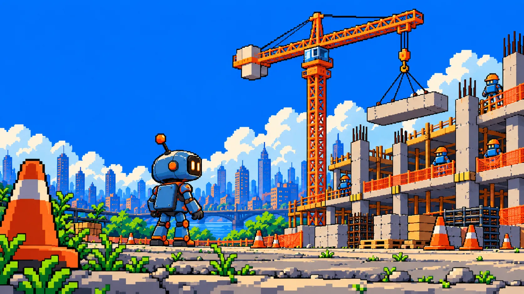An orange pixel-art tower crane lifts a concrete slab onto a new building while a small robot looks up at it from the pavement.