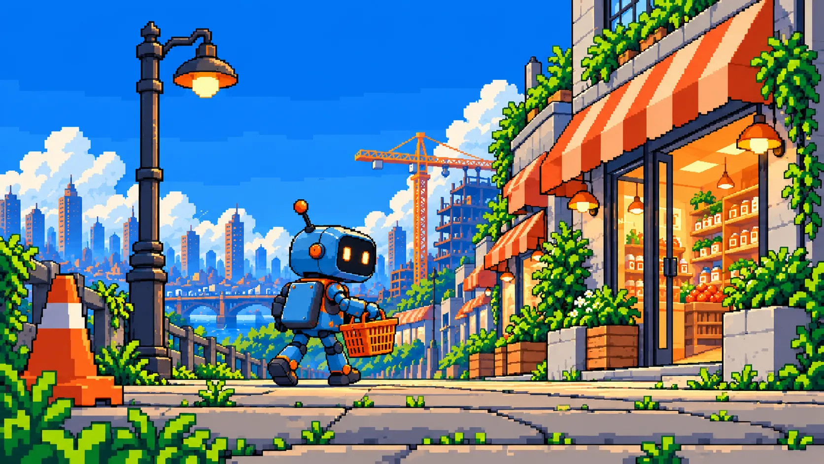 A pixel-art city street where a small robot carrying an orange basket walks past a street lamp and a traffic cone toward a row of shops.