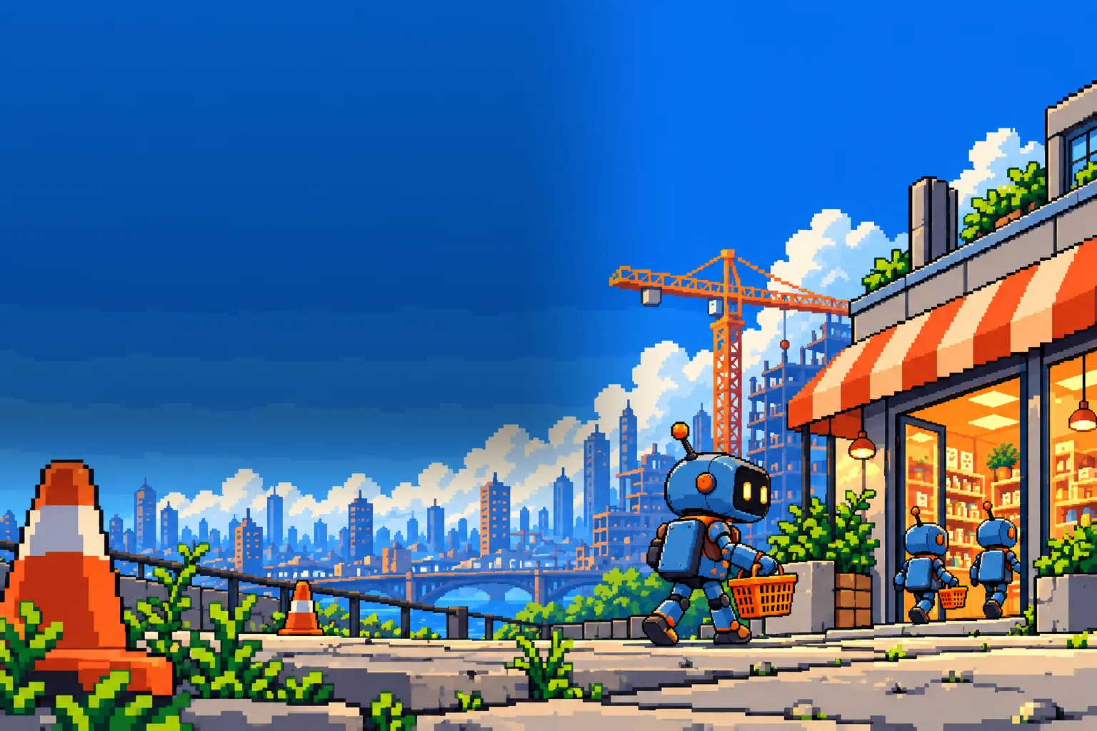 Seen from the pavement: a small robot carries an orange basket into a shop, two more robots already inside, a crane and the city behind.