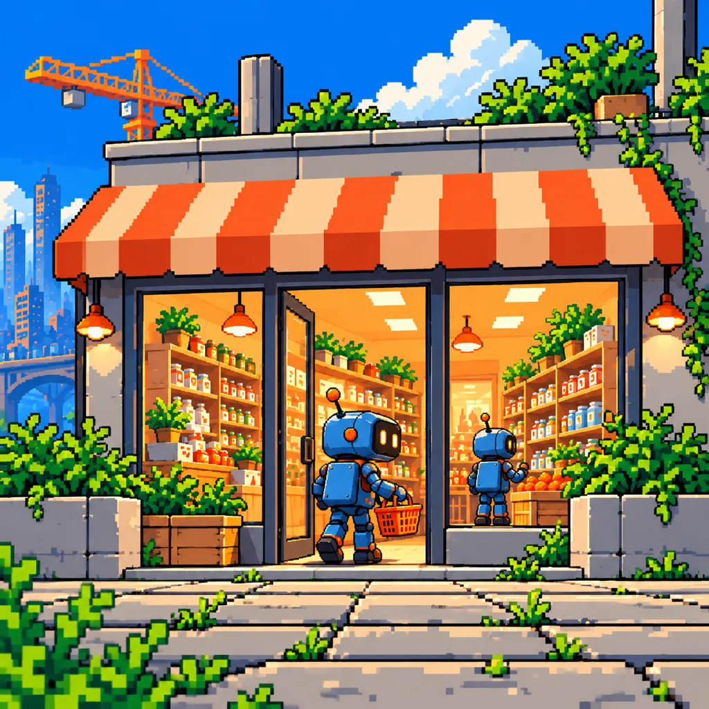 A small robot with an orange basket steps into a warmly lit shop under an orange striped awning; another robot is already at the shelves.